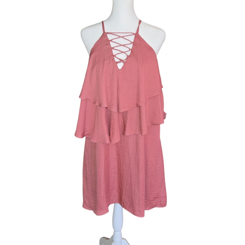 Entro Dusty Rose Tiered Ruffle Mini Dress Lace‎ Up V Neck Womens Large Boho Fun